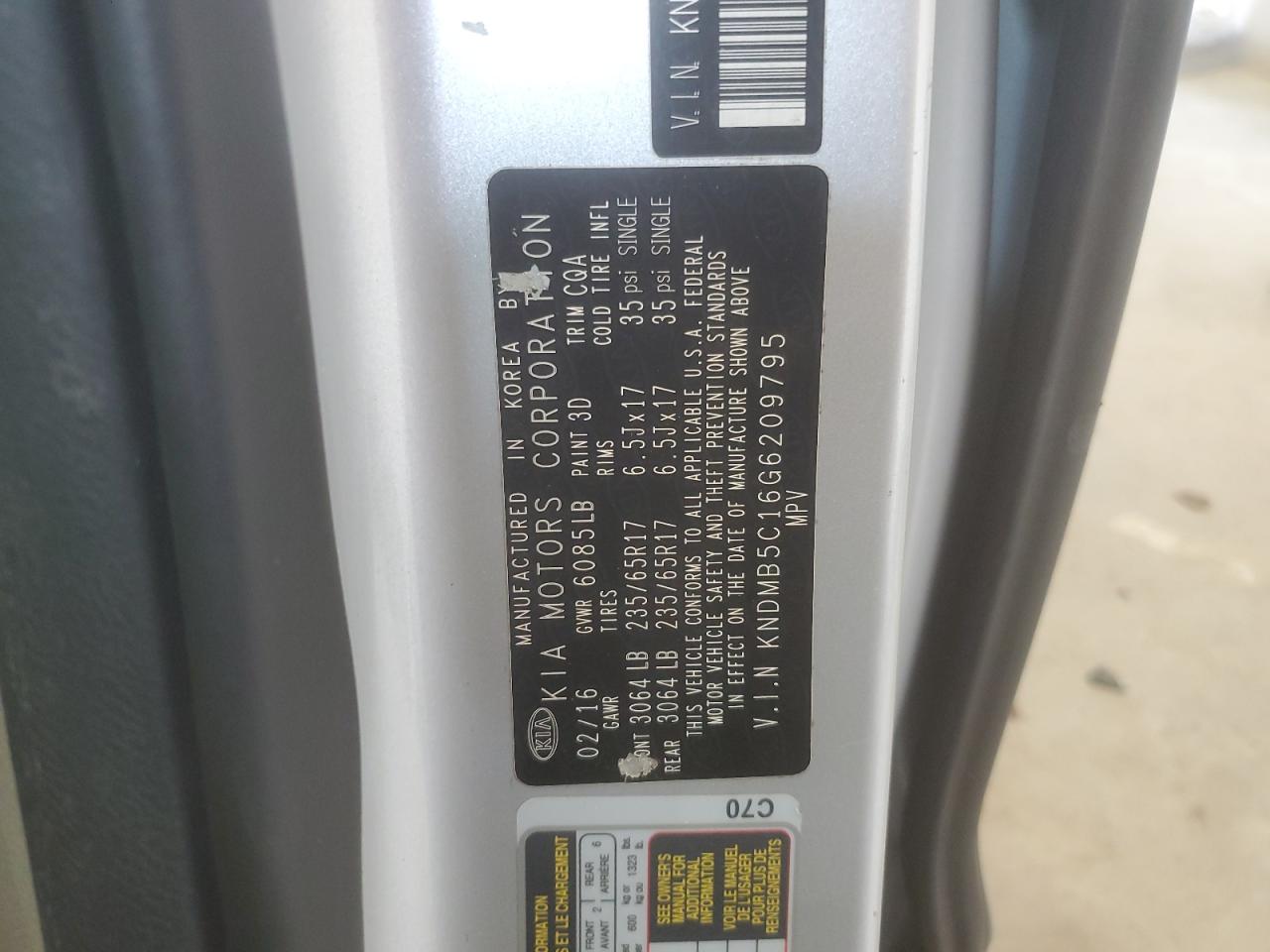 2016 Kia Sedona Lx VIN: KNDMB5C16G6209795 Lot: 85845095