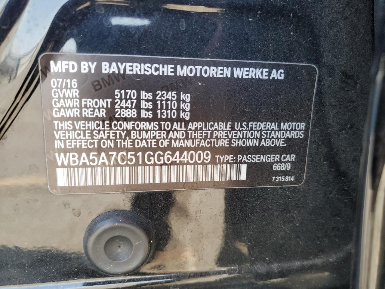 2016 BMW 528 Xi VIN: WBA5A7C51GG644009 Lot: 82069235