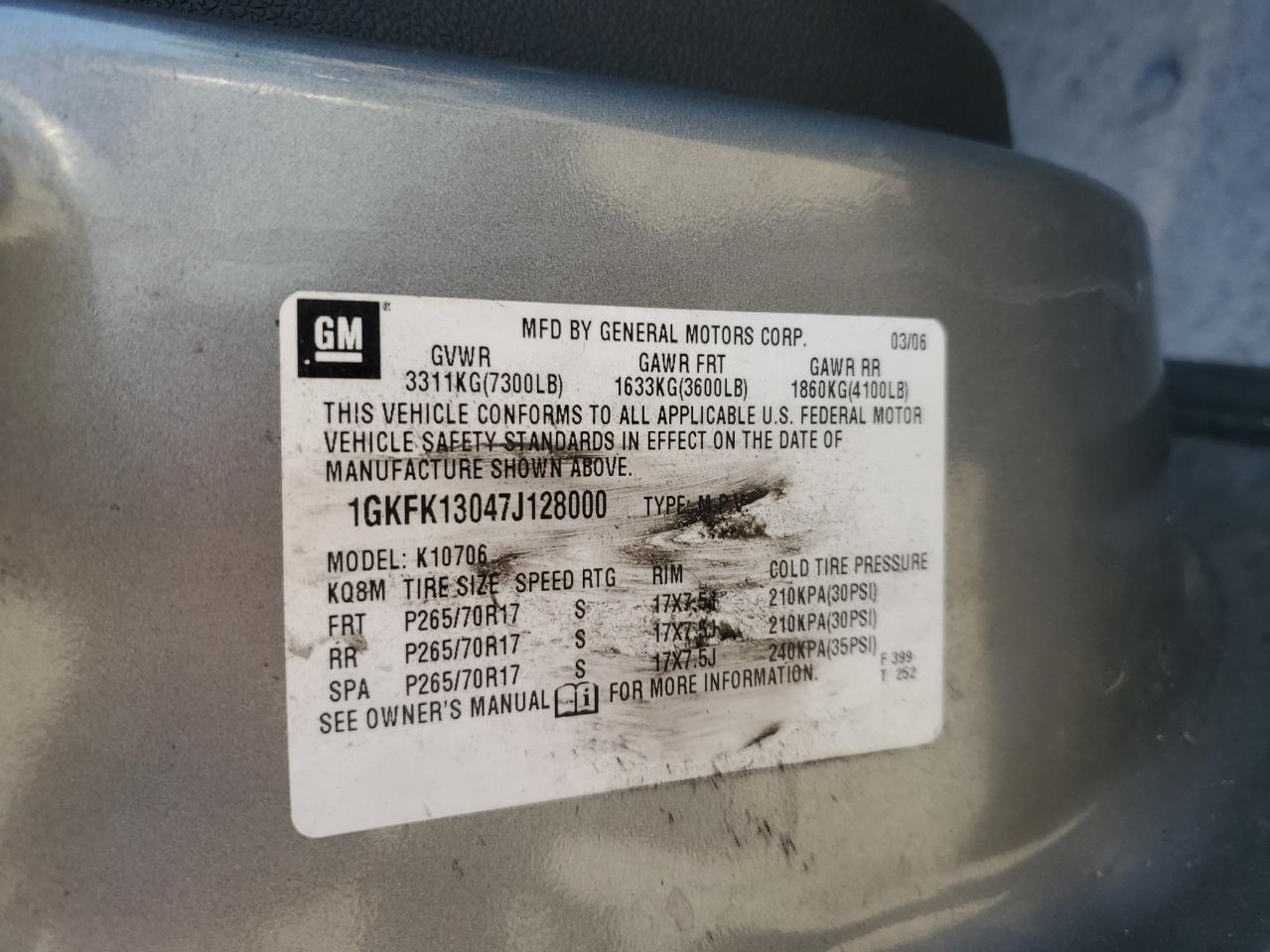 2007 GMC Yukon VIN: 1GKFK13047J128000 Lot: 81694855