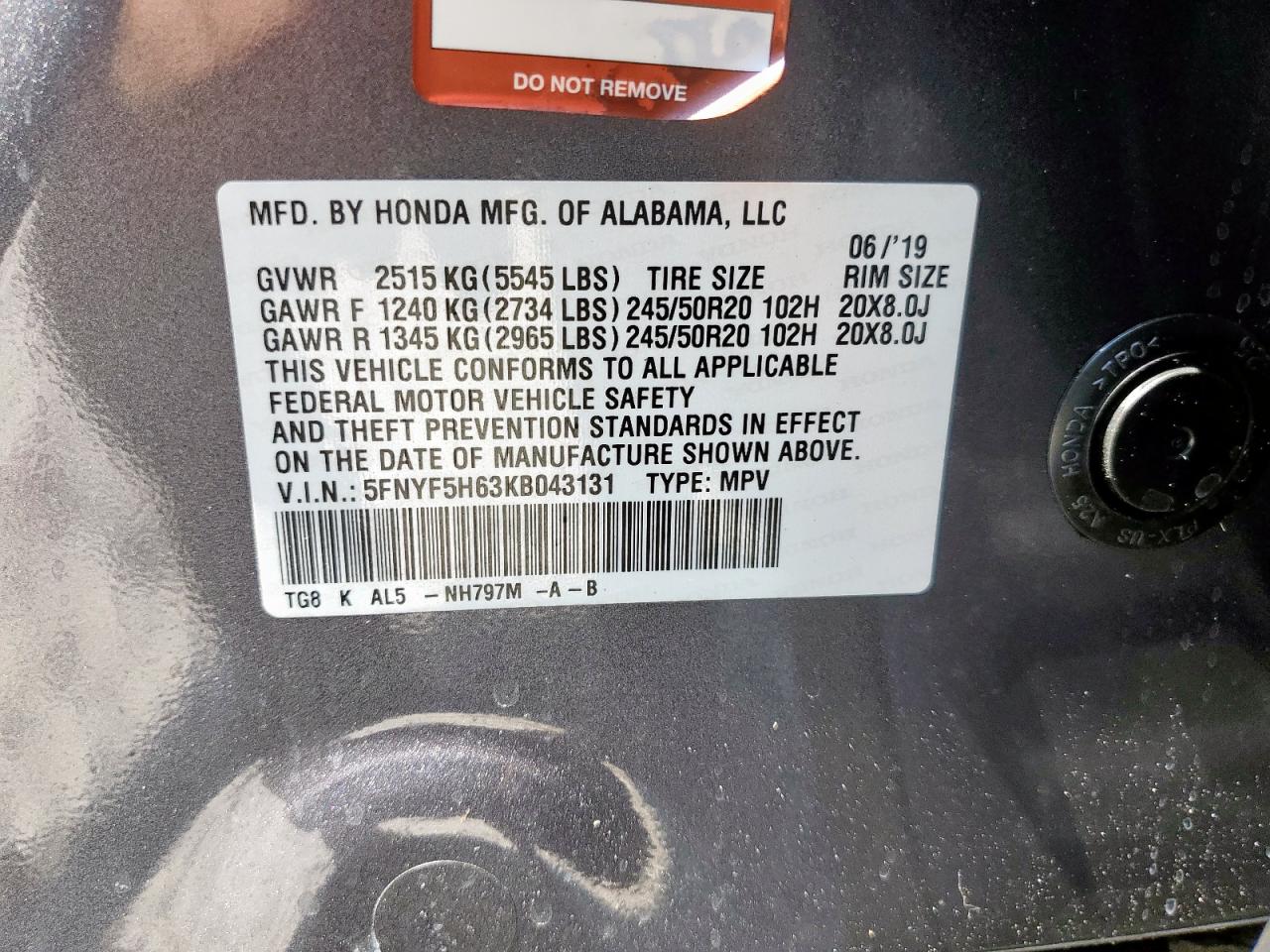 2019 Honda Pilot Touring VIN: 5FNYF5H63KB043131 Lot: 80713755