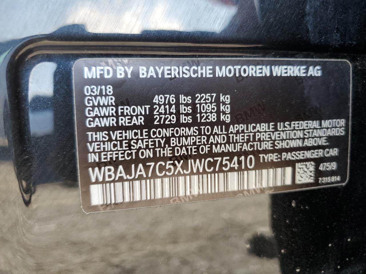 2018 BMW 530 Xi VIN: WBAJA7C5XJWC75410 Lot: 71457425