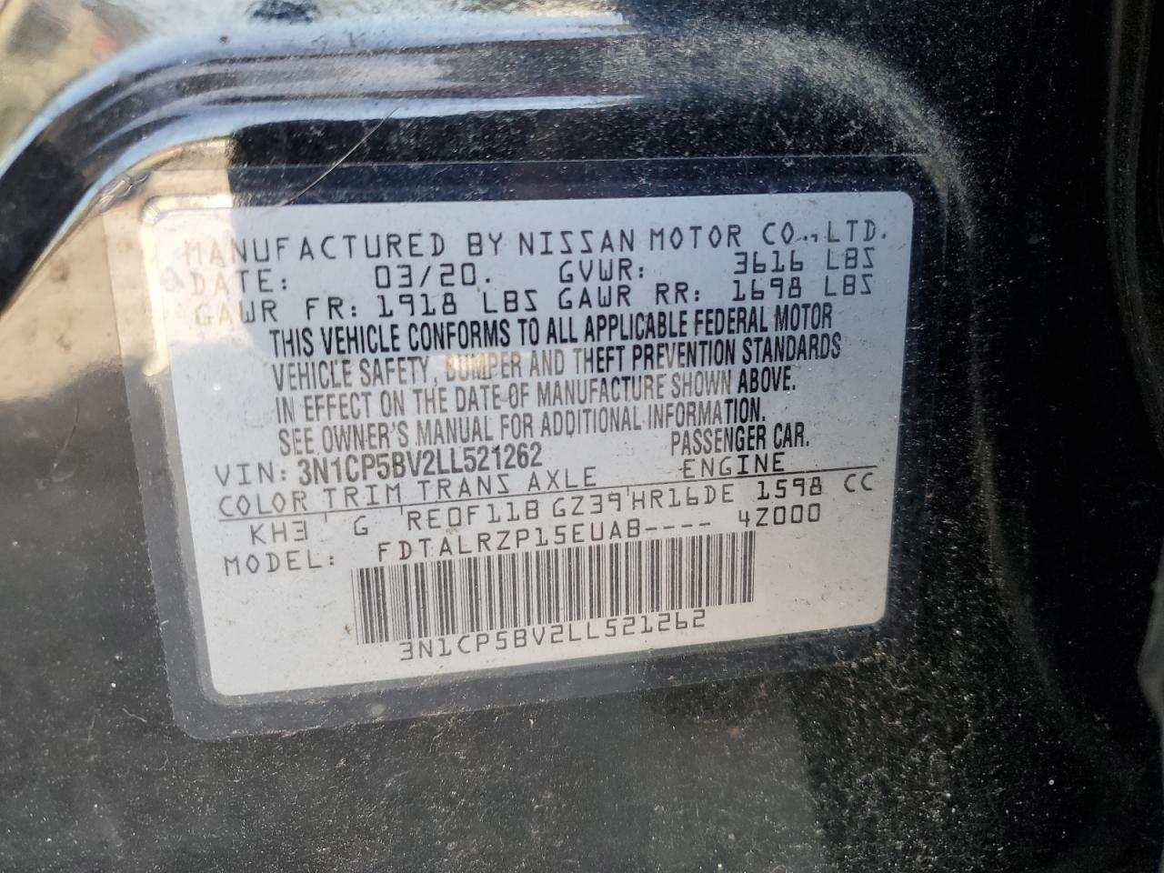 2020 Nissan Kicks S VIN: 3N1CP5BV2LL521262 Lot: 80227325