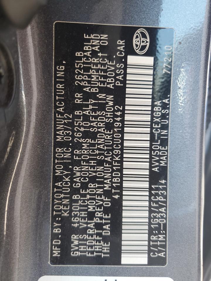2012 Toyota Camry Hybrid VIN: 4T1BD1FK9CU019442 Lot: 80635505