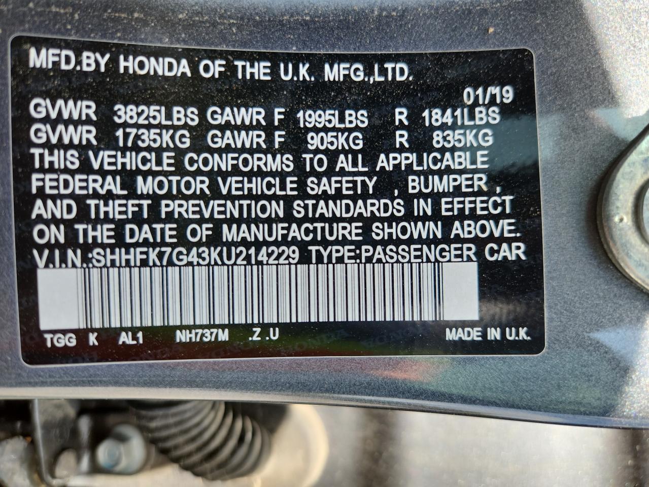 2019 Honda Civic Sport VIN: SHHFK7G43KU214229 Lot: 80960365