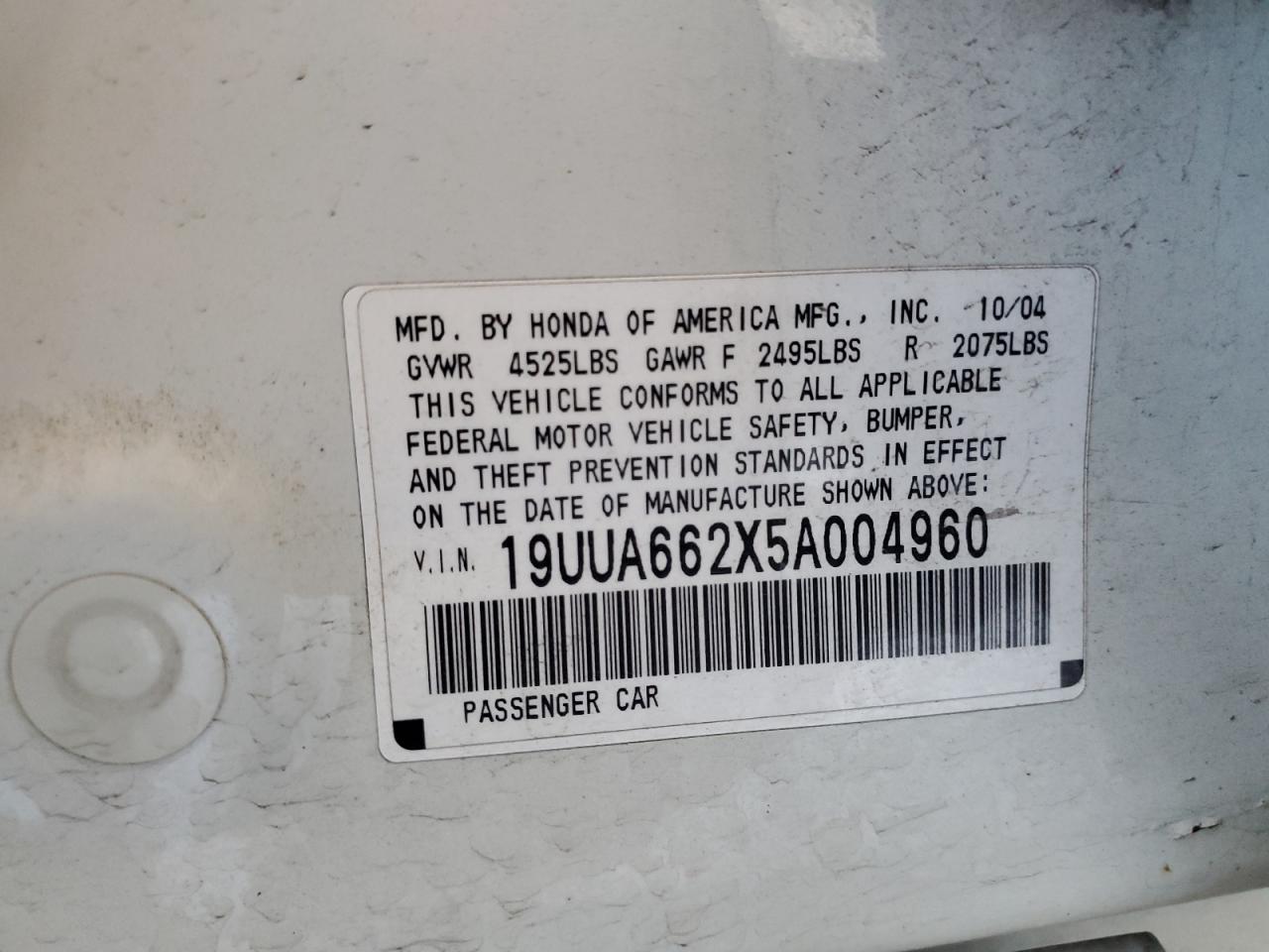 2005 Acura Tl VIN: 19UUA662X5A004960 Lot: 70936455