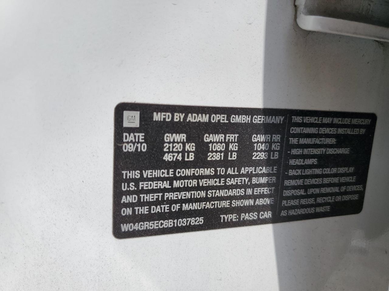 2011 Buick Regal Cxl VIN: W04GR5EC6B1037825 Lot: 70923355