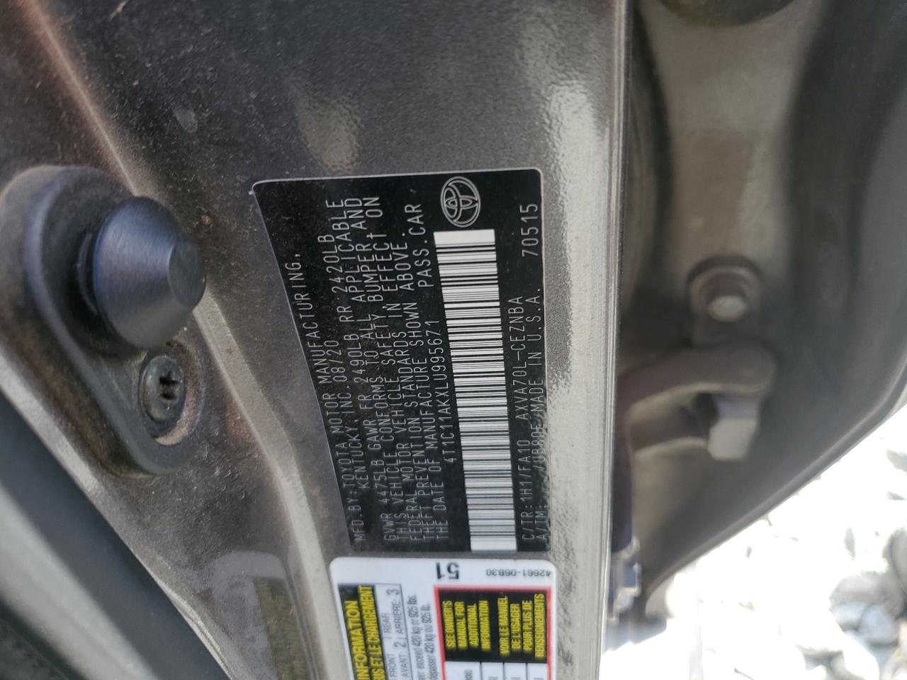 2020 Toyota Camry Le VIN: 4T1C11AKXLU995671 Lot: 82060485