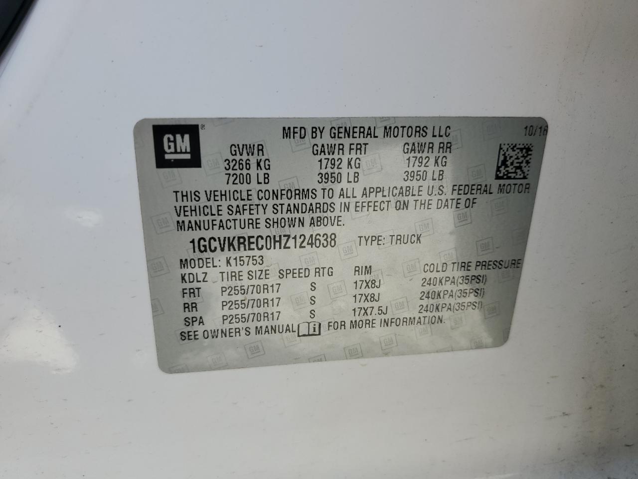 2017 Chevrolet Silverado K1500 Lt VIN: 1GCVKREC0HZ124638 Lot: 71496555