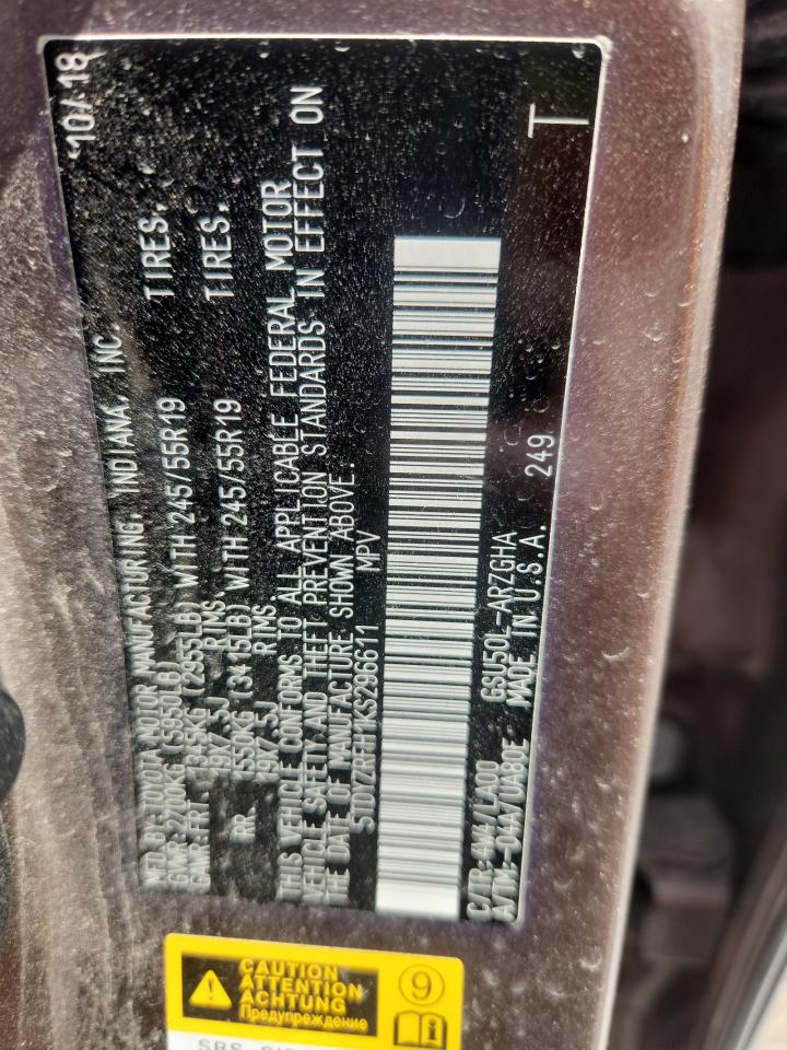 2019 Toyota Highlander Limited VIN: 5TDYZRFH1KS296611 Lot: 81522575