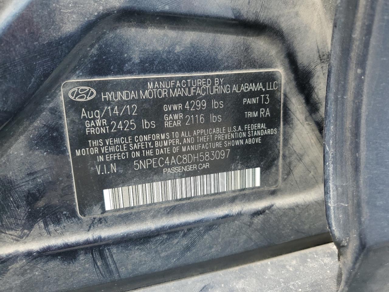 2013 Hyundai Sonata Se VIN: 5NPEC4AC8DH583097 Lot: 71860155