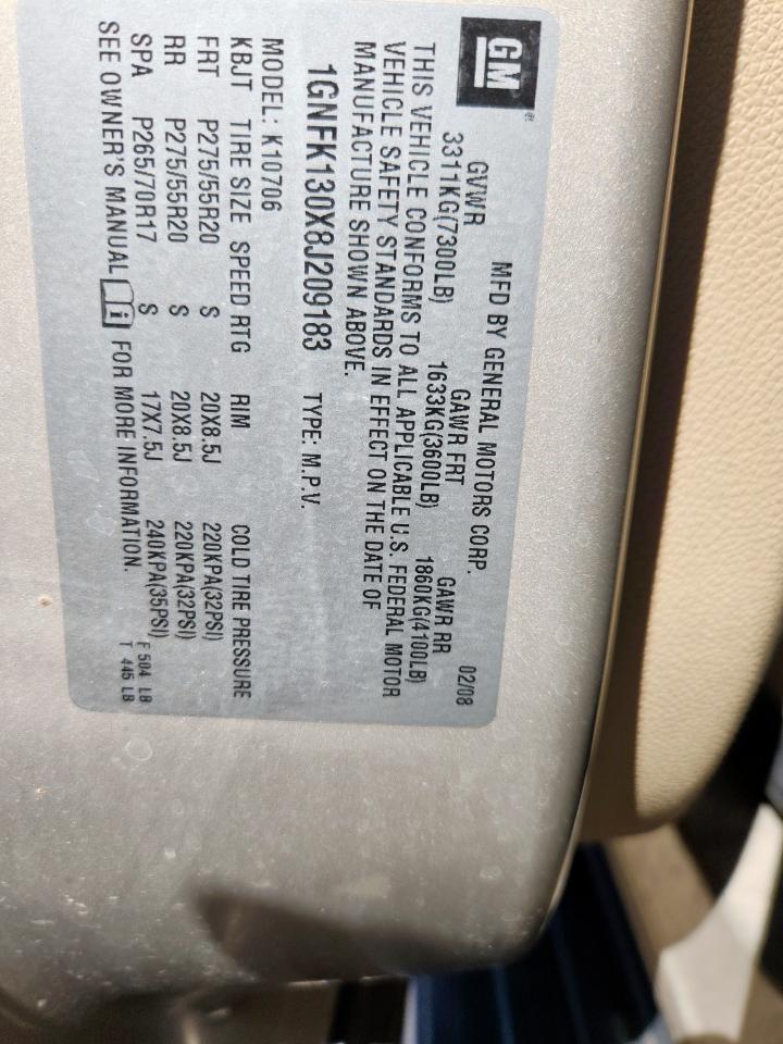 2008 Chevrolet Tahoe K1500 VIN: 1GNFK130X8J209183 Lot: 84020575