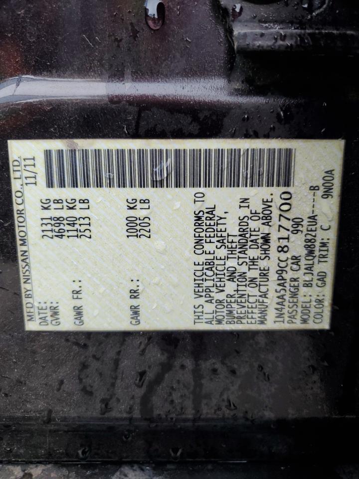 2012 Nissan Maxima S VIN: 1N4AA5AP9CC817700 Lot: 83963705