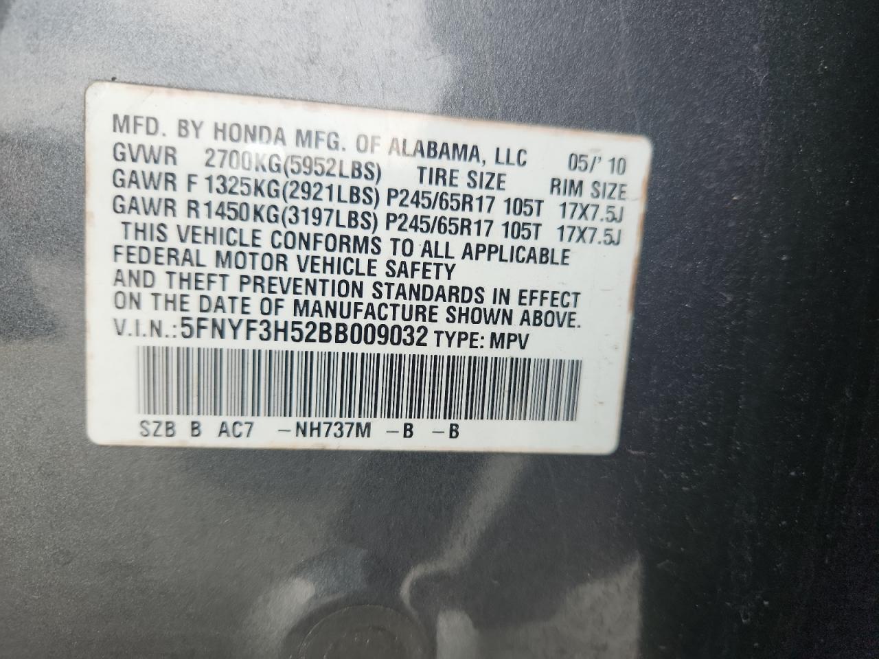 2011 Honda Pilot Exl VIN: 5FNYF3H52BB009032 Lot: 81861355