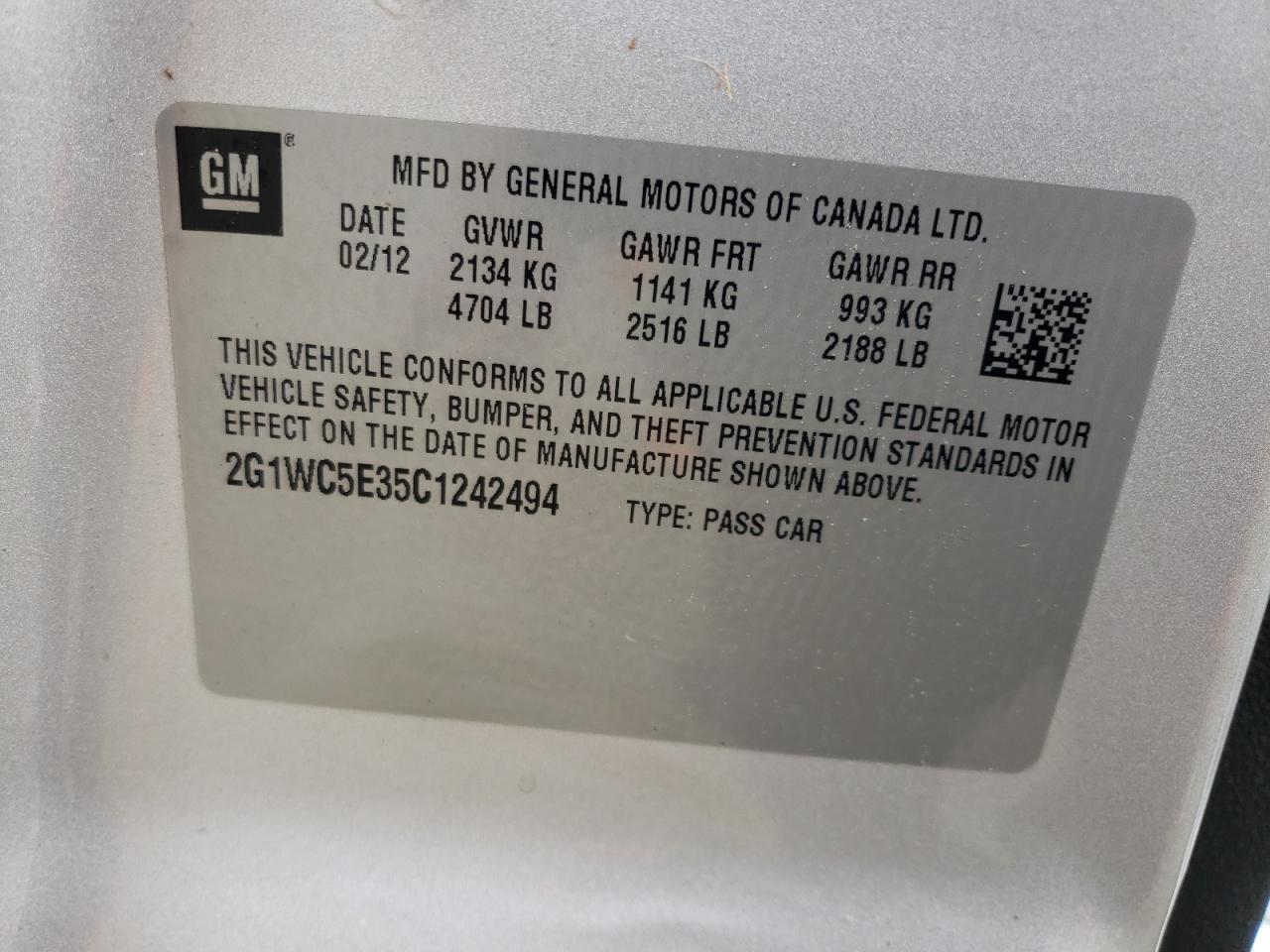 2012 Chevrolet Impala Ltz VIN: 2G1WC5E35C1242494 Lot: 84599065