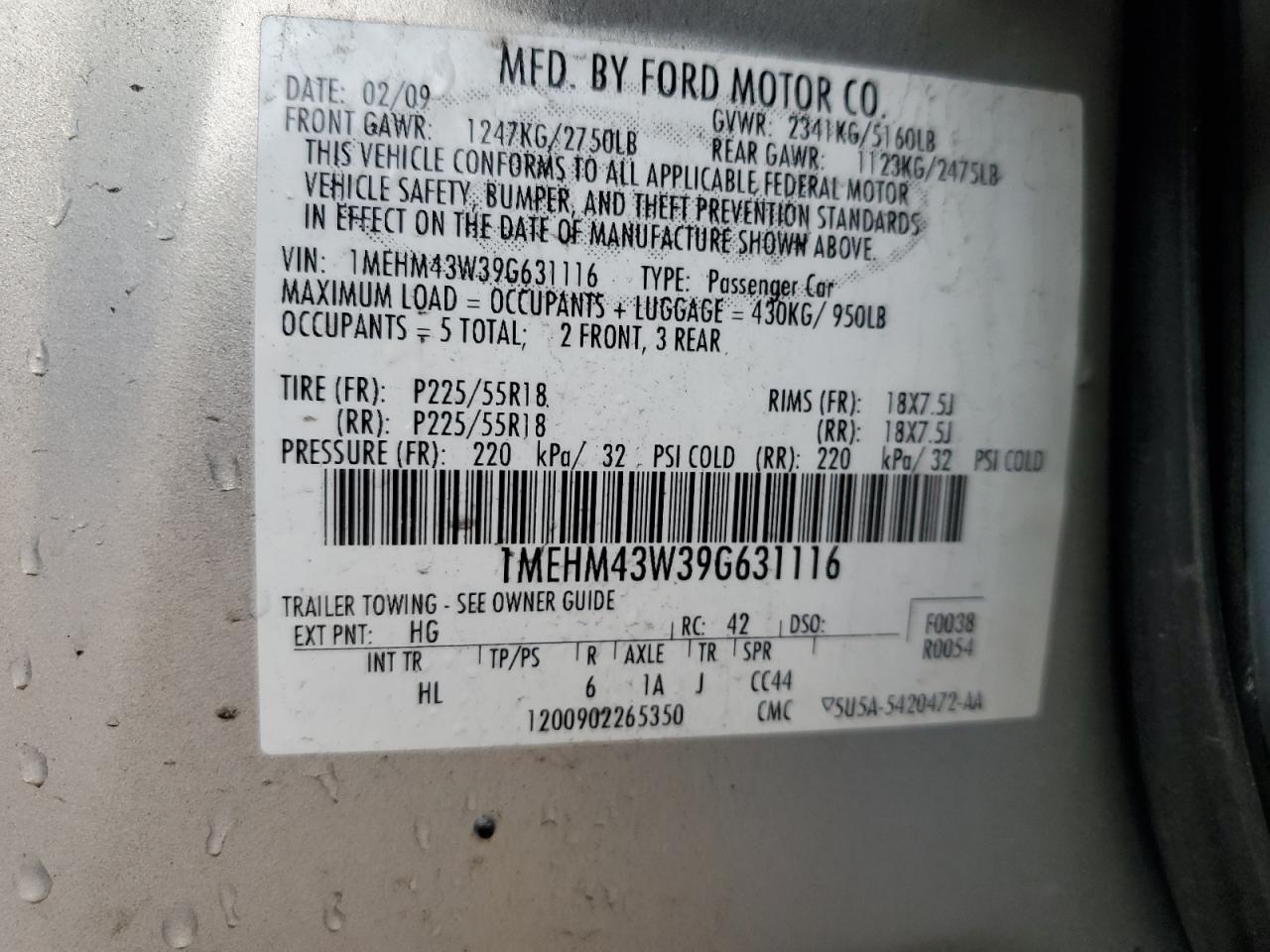 2009 Mercury Sable Premier VIN: 1MEHM43W39G631116 Lot: 81265105