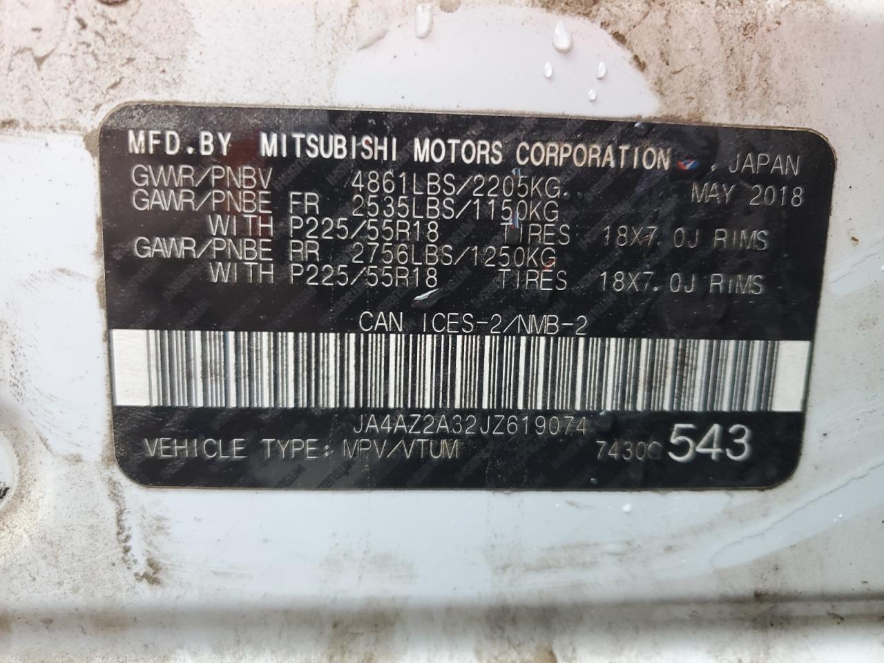 2018 Mitsubishi Outlander Es VIN: JA4AZ2A32JZ619074 Lot: 80610365