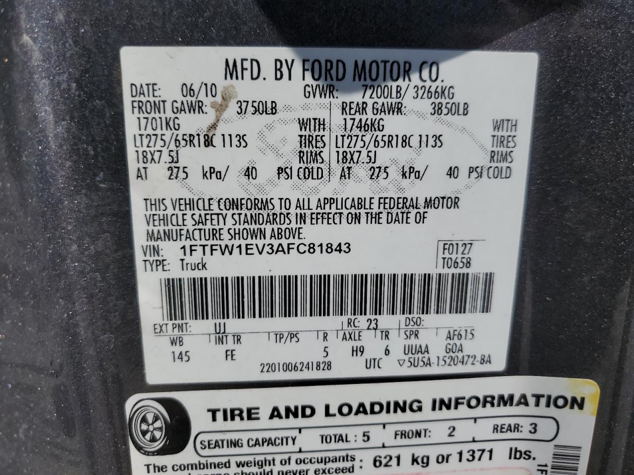 2010 Ford F150 Supercrew VIN: 1FTFW1EV3AFC81843 Lot: 81516295