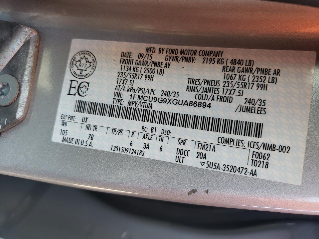 2016 Ford Escape Se VIN: 1FMCU9G9XGUA86894 Lot: 70003135