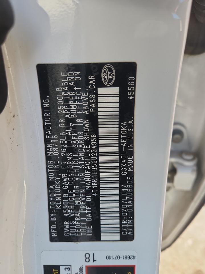 2016 Toyota Avalon Xle VIN: 4T1BK1EB5GU234958 Lot: 82154395