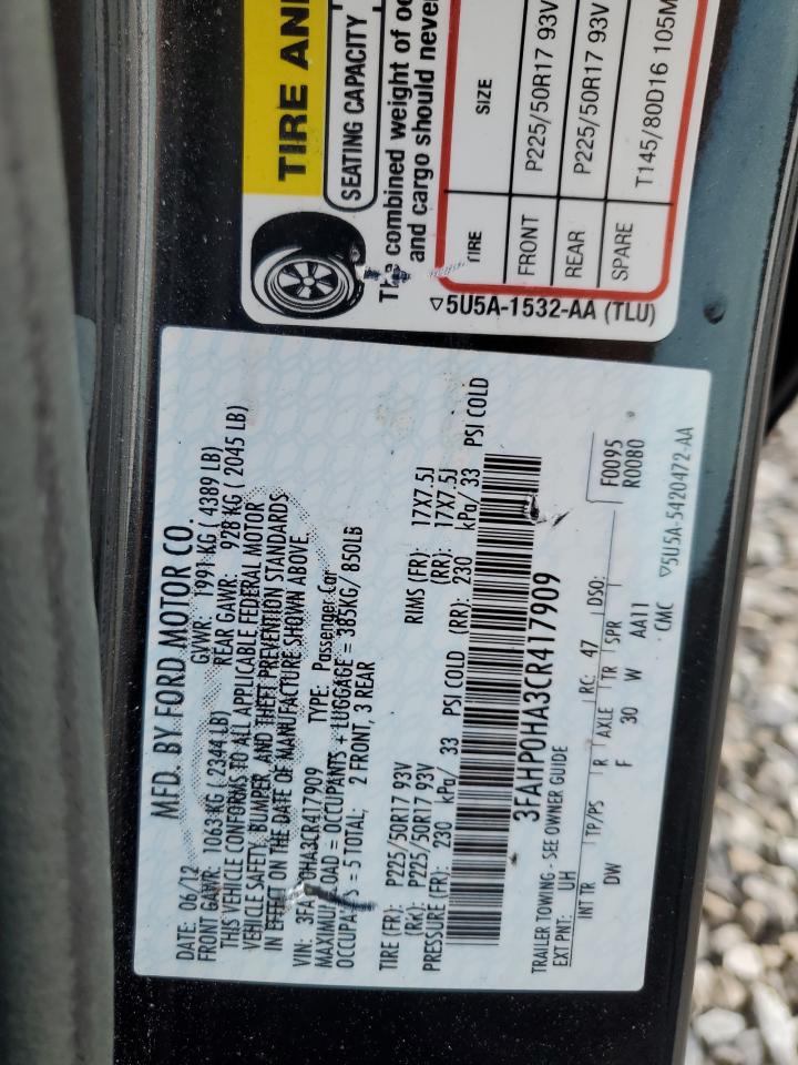 2012 Ford Fusion Se VIN: 3FAHP0HA3CR417909 Lot: 82072775