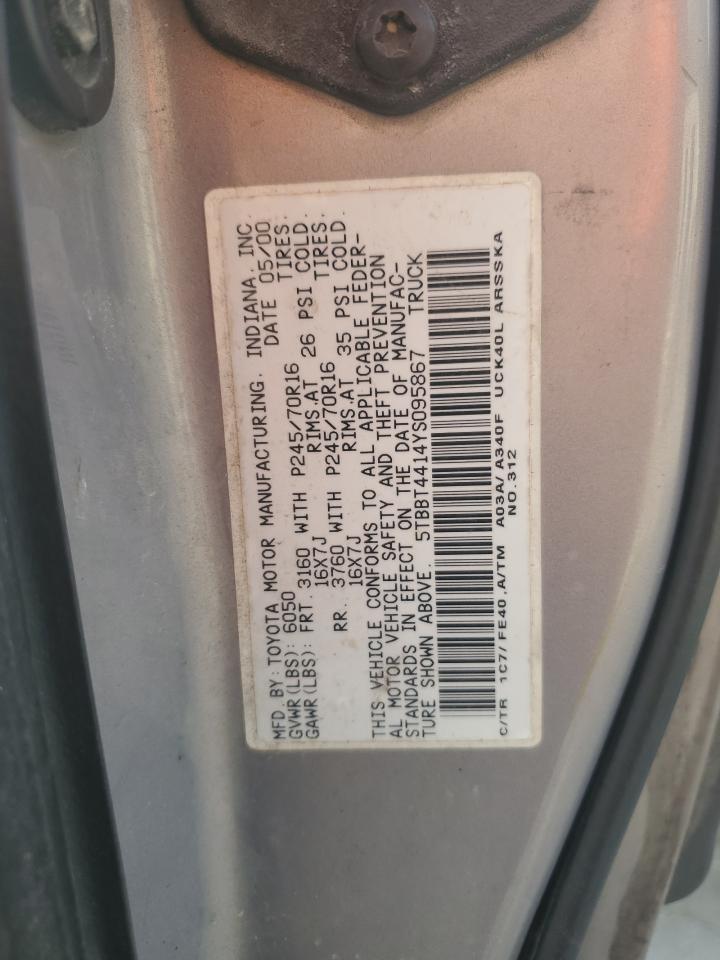 2000 Toyota Tundra Access Cab VIN: 5TBBT4414YS095867 Lot: 81452265