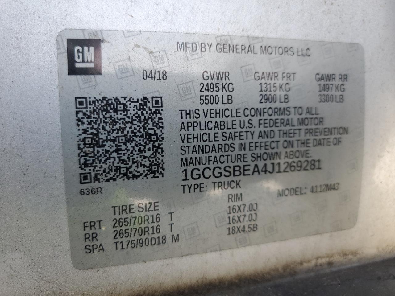 2018 Chevrolet Colorado VIN: 1GCGSBEA4J1269281 Lot: 81510165