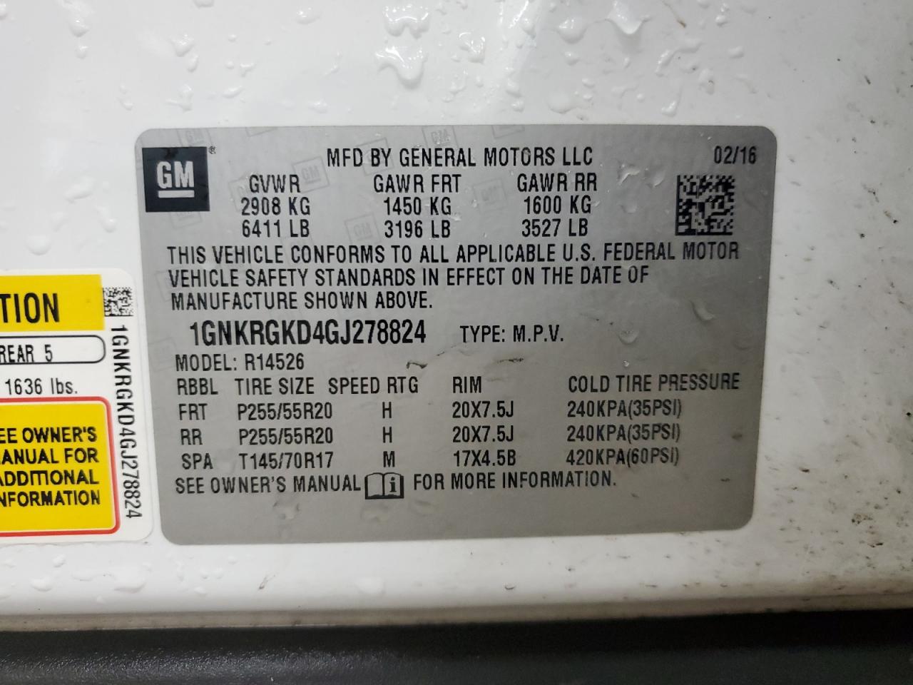 2016 Chevrolet Traverse Lt VIN: 1GNKRGKD4GJ278824 Lot: 81289435