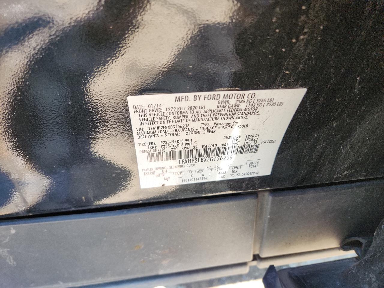 2014 Ford Taurus Sel VIN: 1FAHP2E8XEG156236 Lot: 71253905