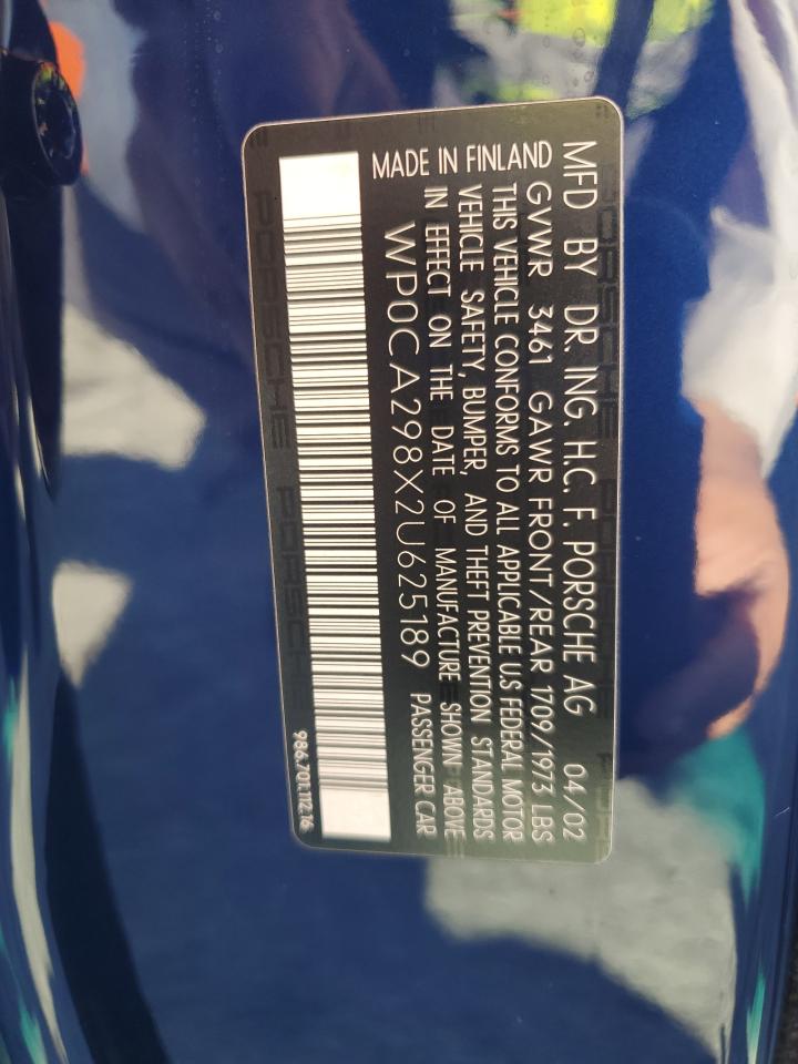 2002 Porsche Boxster VIN: WP0CA298X2U625189 Lot: 81106825