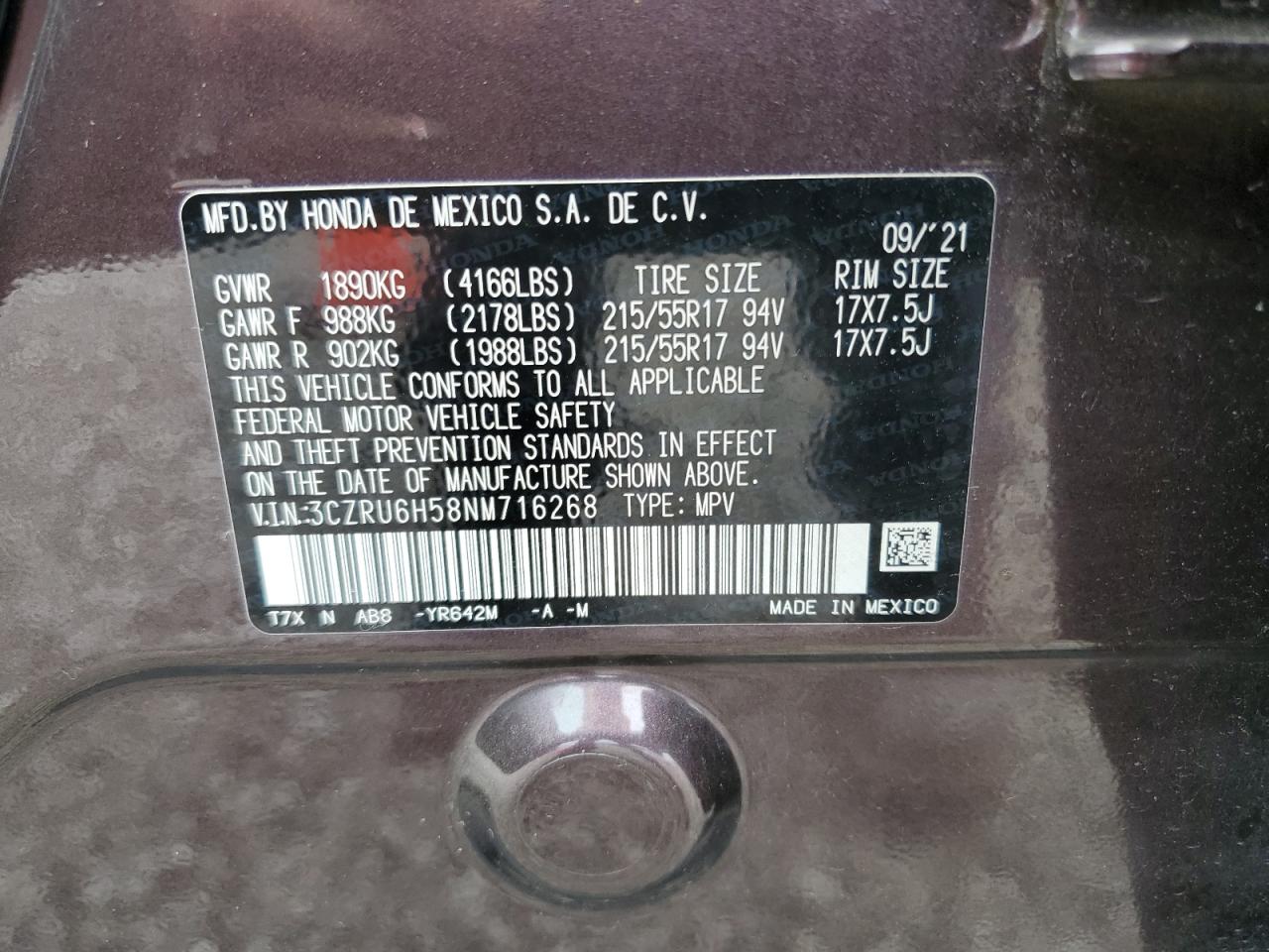 2022 Honda Hr-V Ex VIN: 3CZRU6H58NM716268 Lot: 81277945