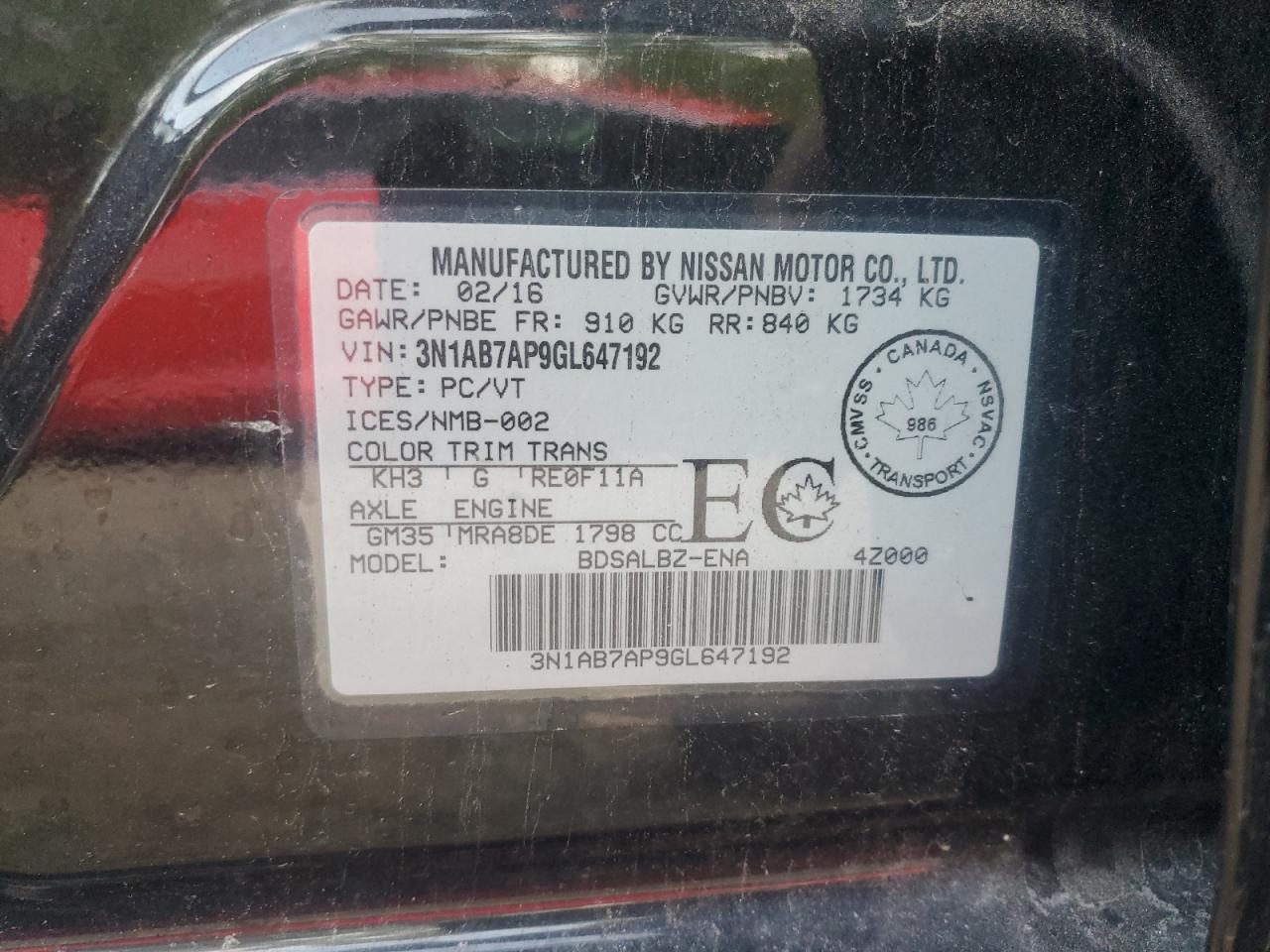 2016 Nissan Sentra S VIN: 3N1AB7AP9GL647192 Lot: 68676675