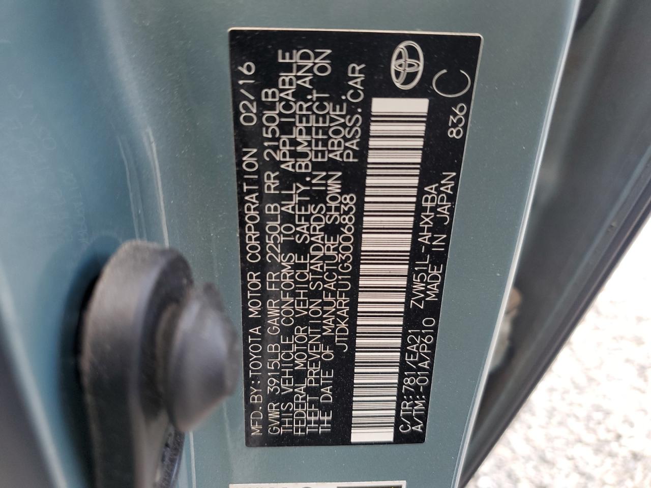 2016 Toyota Prius VIN: JTDKARFU1G3006838 Lot: 81785715