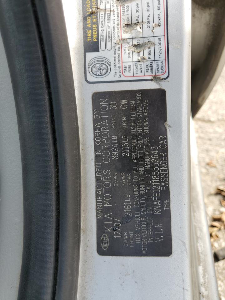 2008 Kia Spectra Ex VIN: KNAFE121185552643 Lot: 71914535