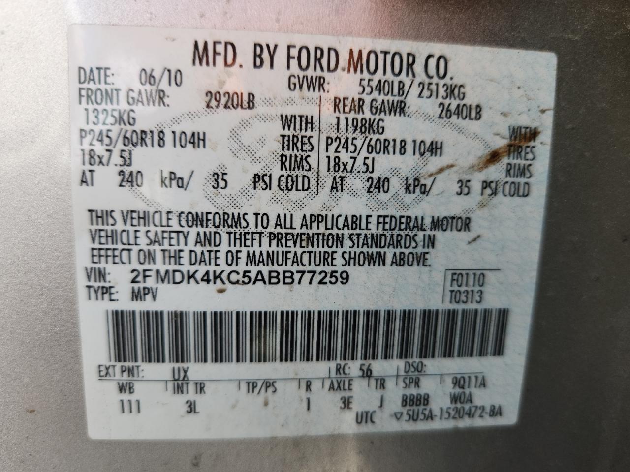 2010 Ford Edge Limited VIN: 2FMDK4KC5ABB77259 Lot: 81868415