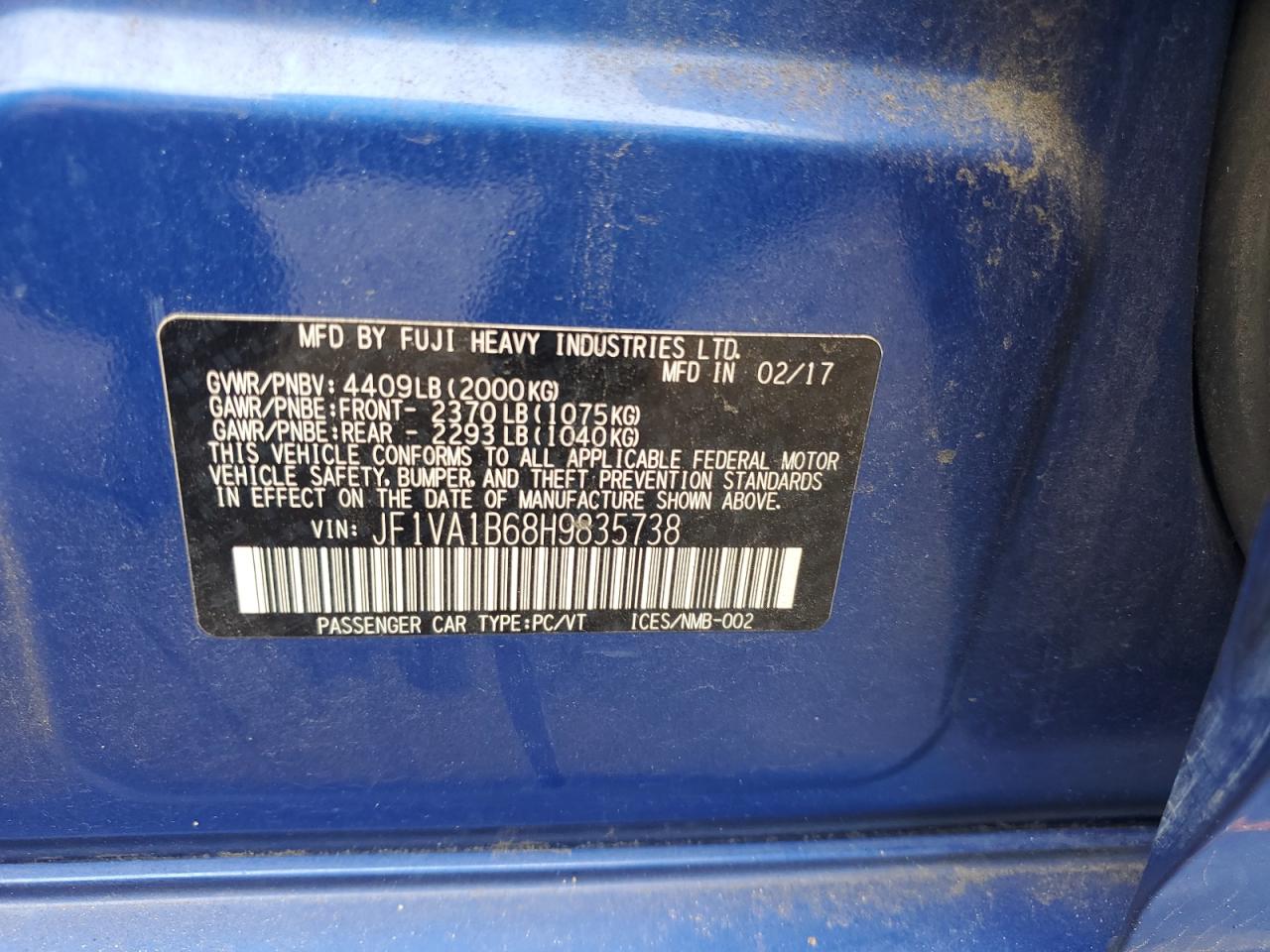 2017 Subaru Wrx VIN: JF1VA1B68H9835738 Lot: 81780655