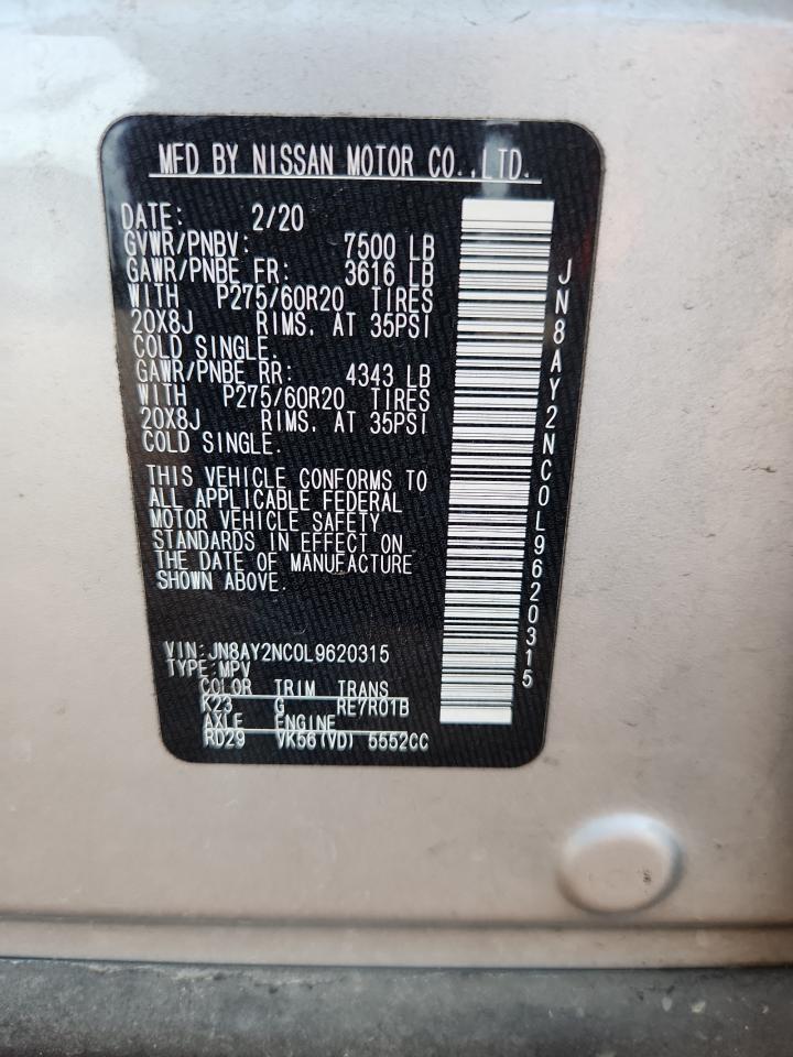 2020 Nissan Armada Sv VIN: JN8AY2NC0L9620315 Lot: 71399685