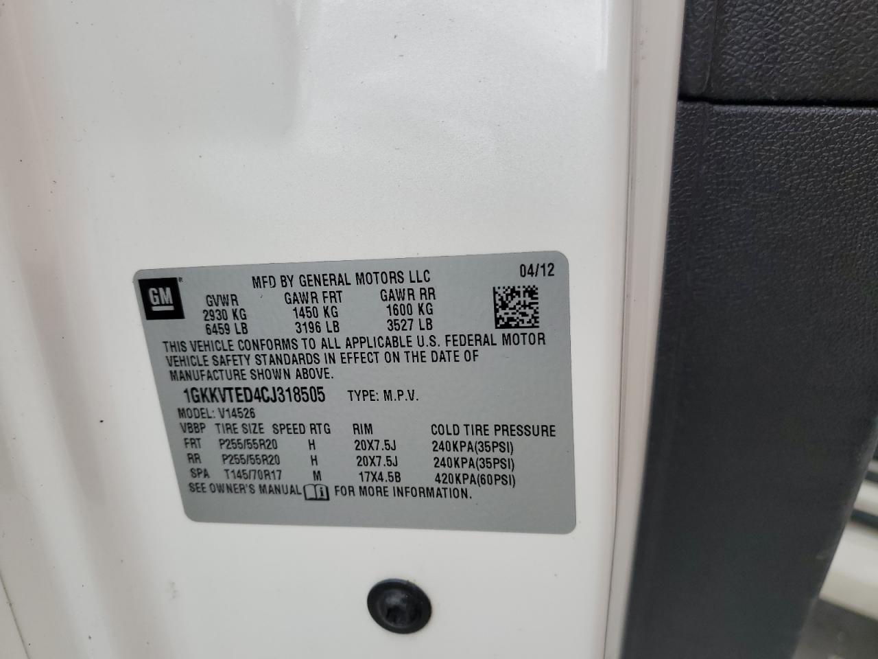 2012 Ford GMC Acadia VIN: 1GKKVTED4CJ318505 Lot: 80902585