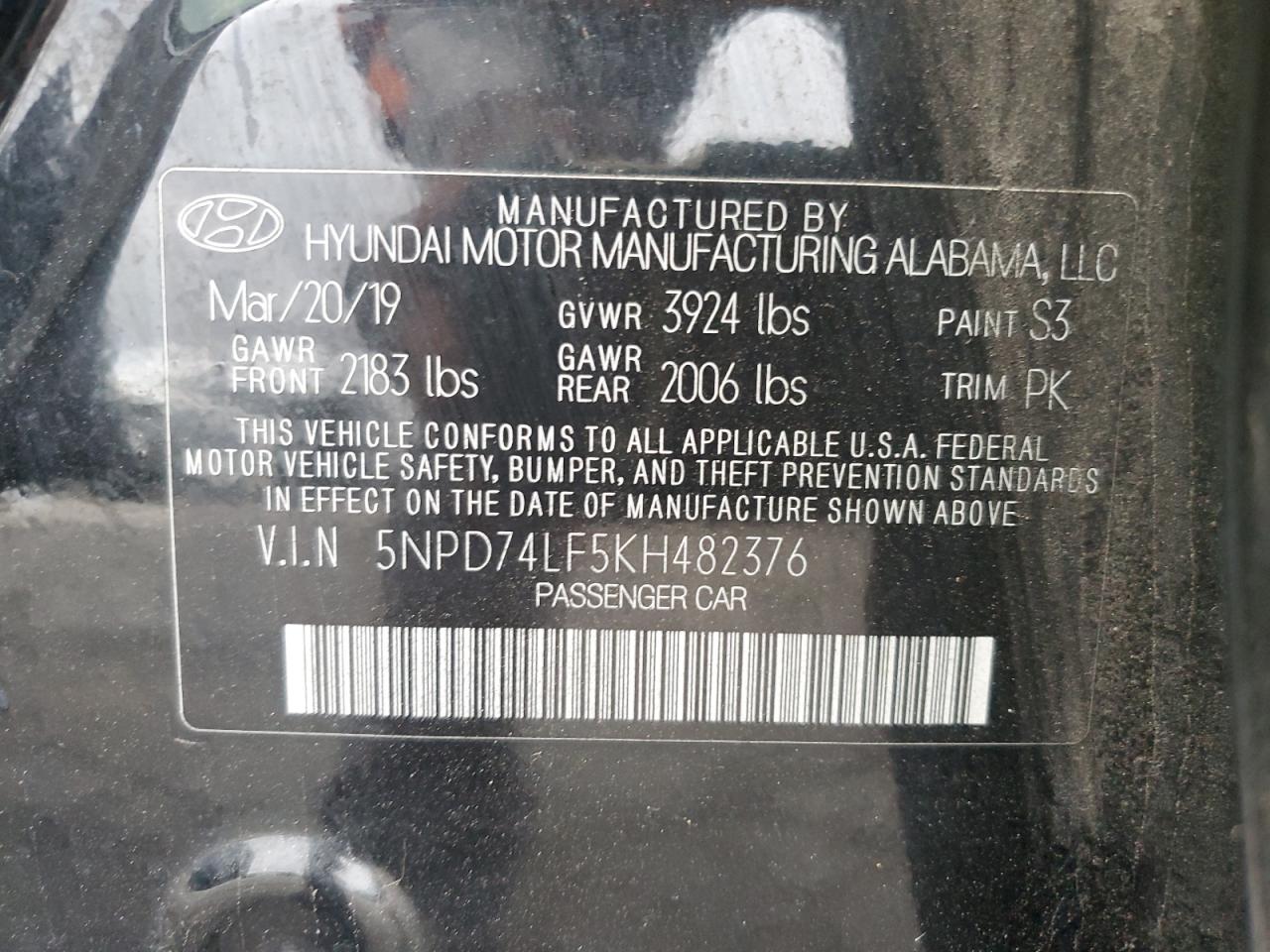 2019 Hyundai Elantra Se VIN: 5NPD74LF5KH482376 Lot: 72068015