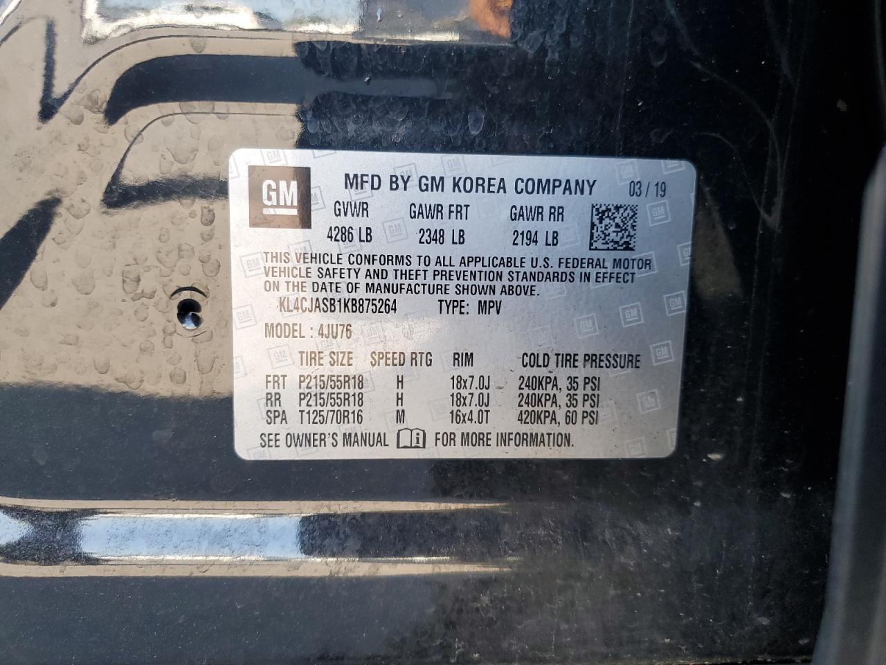 2019 Buick Encore Preferred VIN: KL4CJASB1KB875264 Lot: 71151875