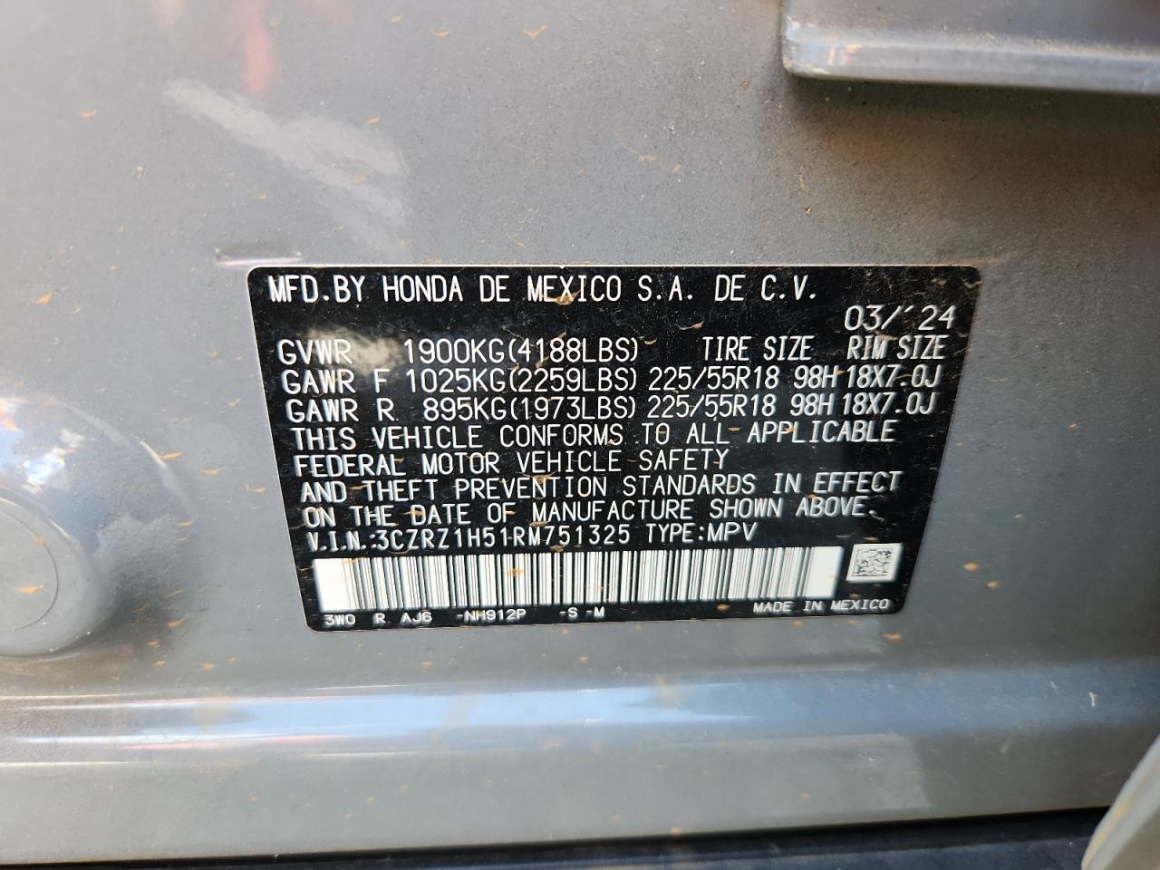 2024 Honda Hr-V Sport VIN: 3CZRZ1H51RM751325 Lot: 71034425