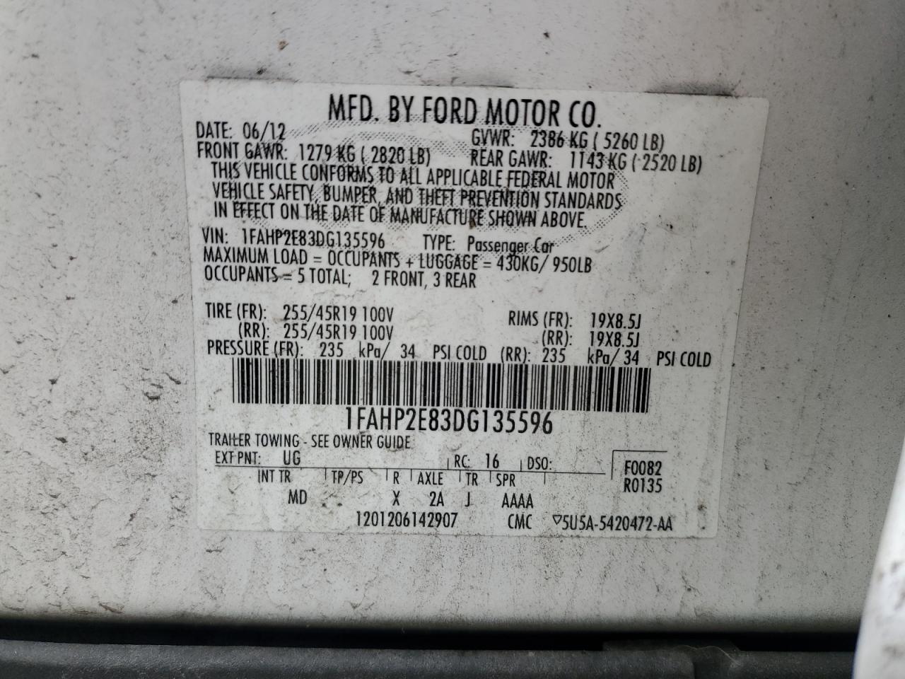 2013 Ford Taurus Sel VIN: 1FAHP2E83DG135596 Lot: 84837205