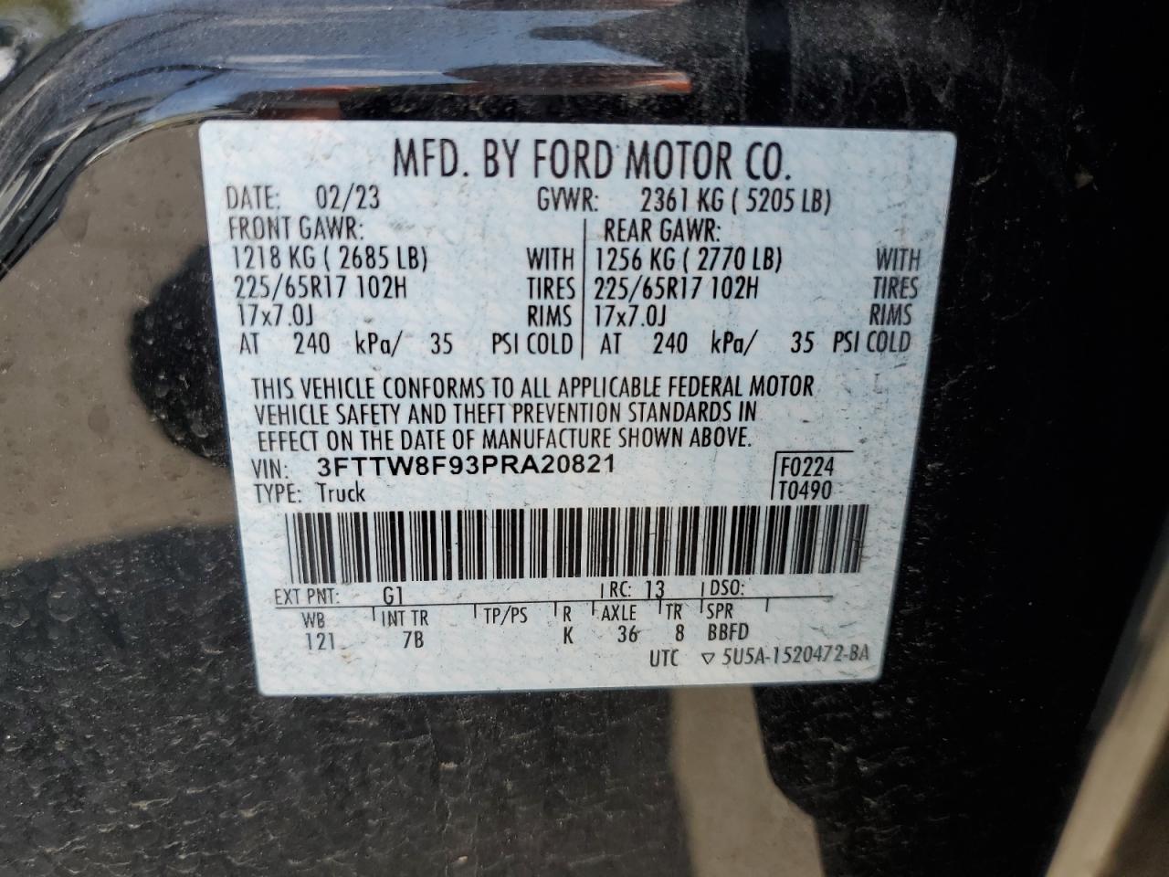 2023 Ford Maverick Xl VIN: 3FTTW8F93PRA20821 Lot: 71801385