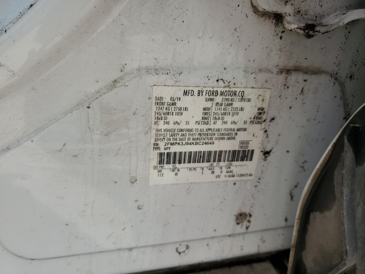 2019 Ford Edge Sel VIN: 2FMPK3J94KBC24649 Lot: 67537615