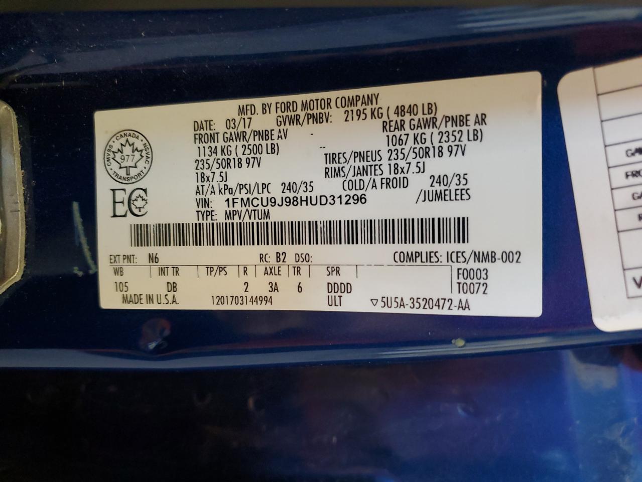 2017 Ford Escape Titanium VIN: 1FMCU9J98HUD31296 Lot: 83988865