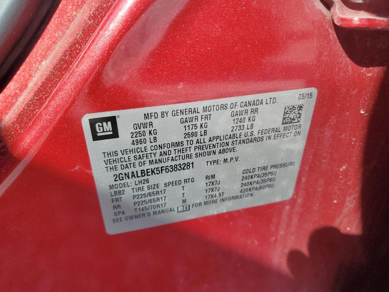 2015 Chevrolet Equinox Lt VIN: 2GNALBEK5F6383281 Lot: 80068965