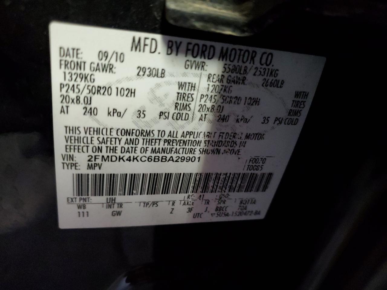 2011 Ford Edge Limited VIN: 2FMDK4KC6BBA29901 Lot: 80888425