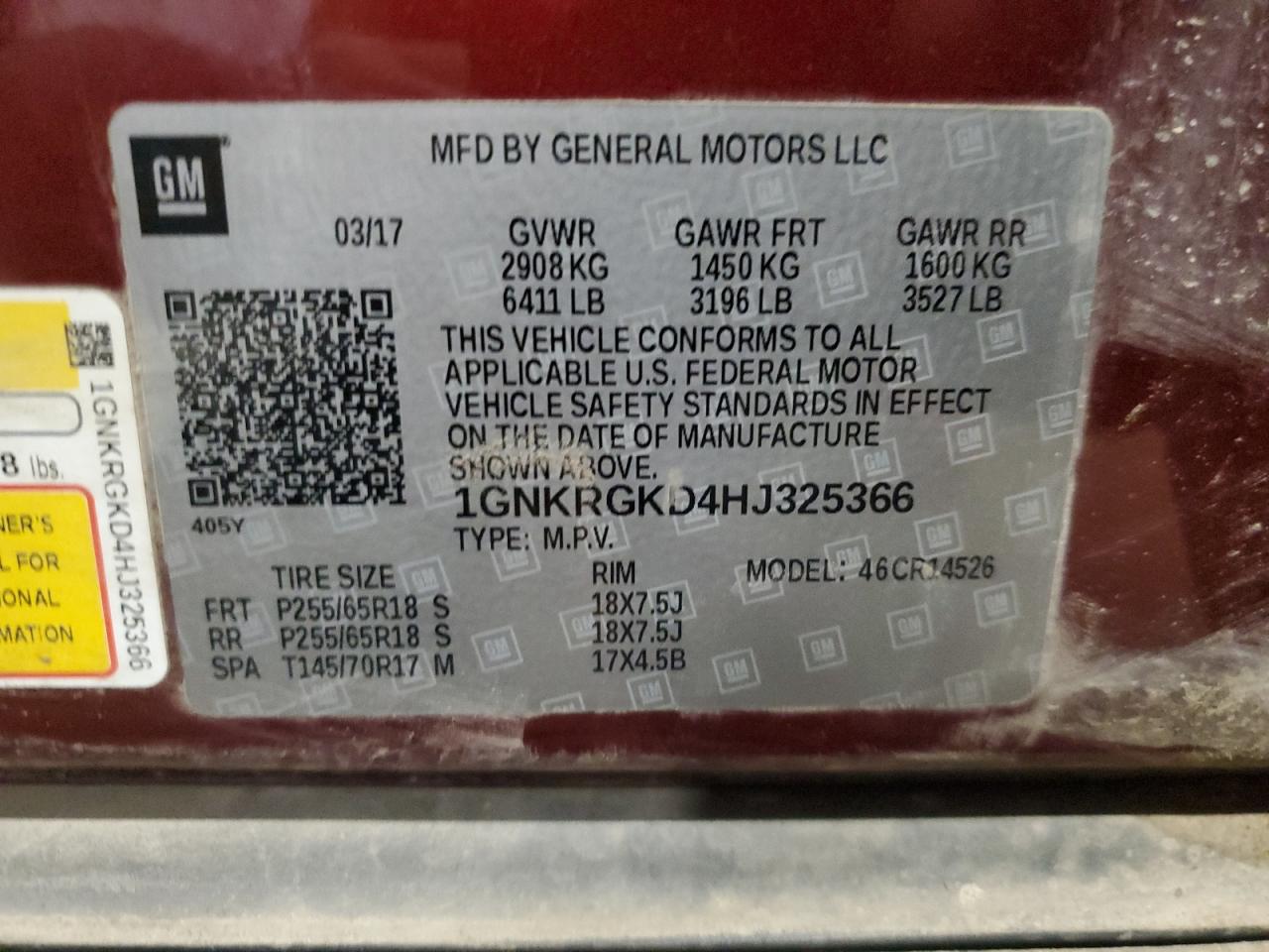 2017 Chevrolet Traverse Lt VIN: 1GNKRGKD4HJ325366 Lot: 81798115