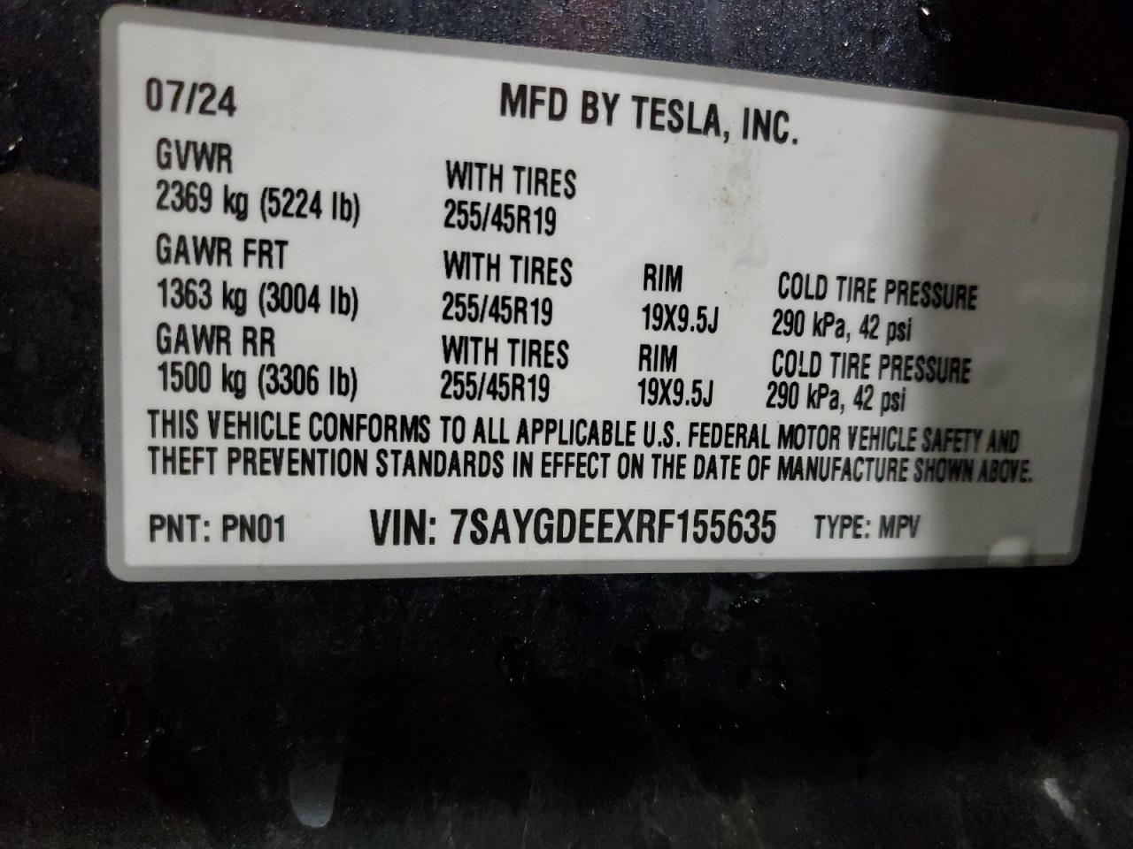 2024 Tesla Model Y VIN: 7SAYGDEEXRF155635 Lot: 83851395