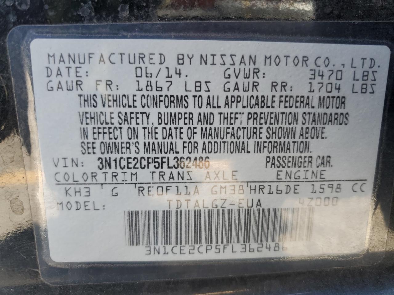 2015 Nissan Versa Note S VIN: 3N1CE2CP5FL362486 Lot: 83848285