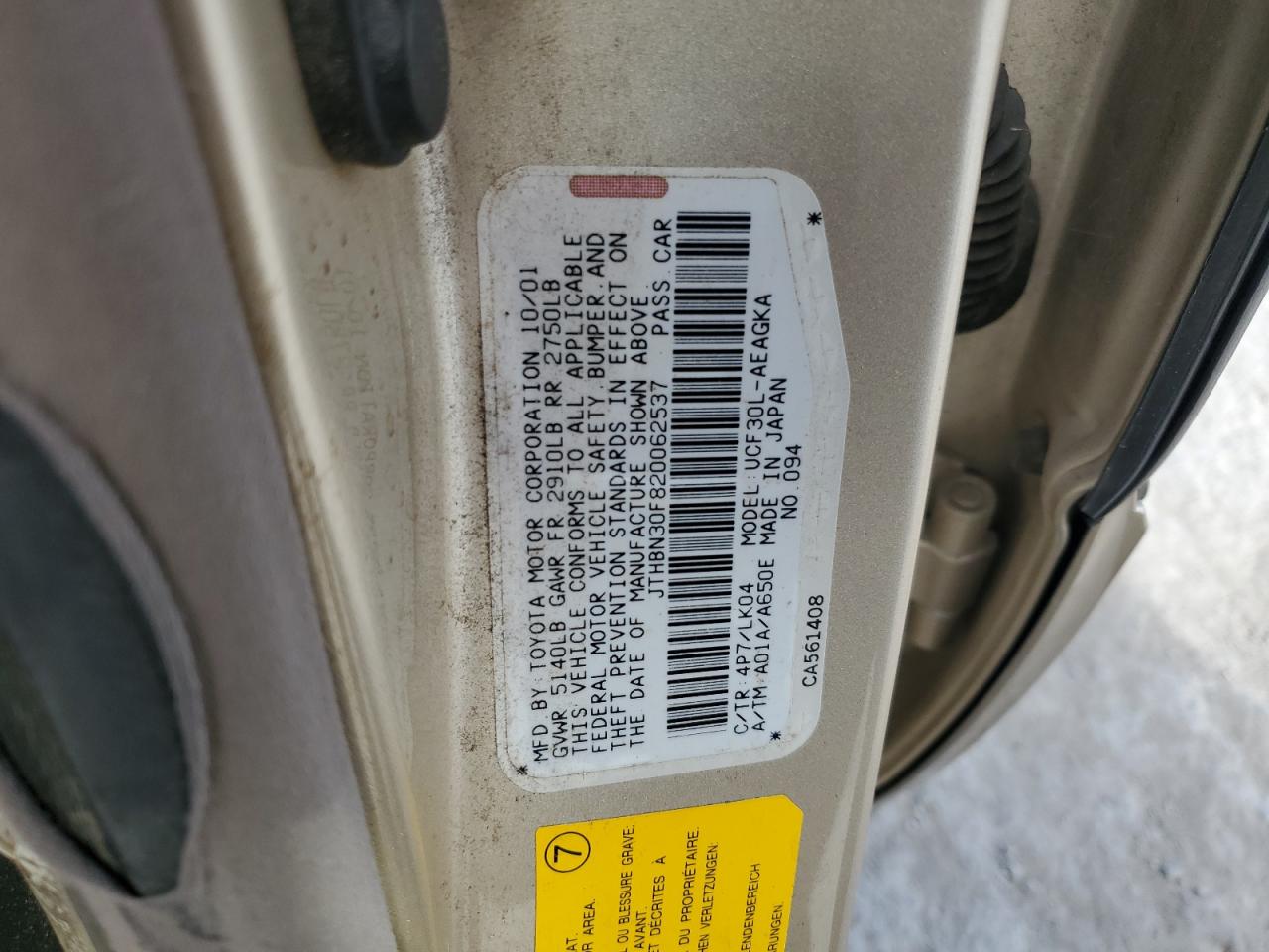 2002 Lexus Ls 430 VIN: JTHBN30F820062537 Lot: 84404315